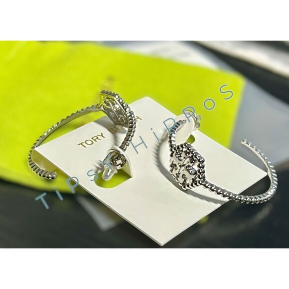 Tory Burch Silver Hexagon Logo Hoop Earrings - Picture 1 of 6